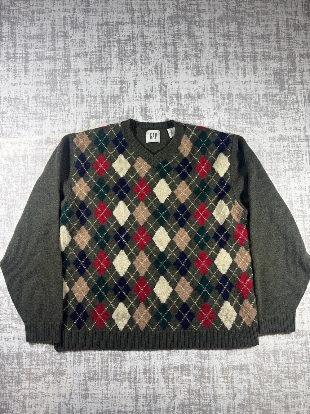 Vintage GAP Olive Crewneck Argyle Sweater Colorful, Size L 23X20PTP